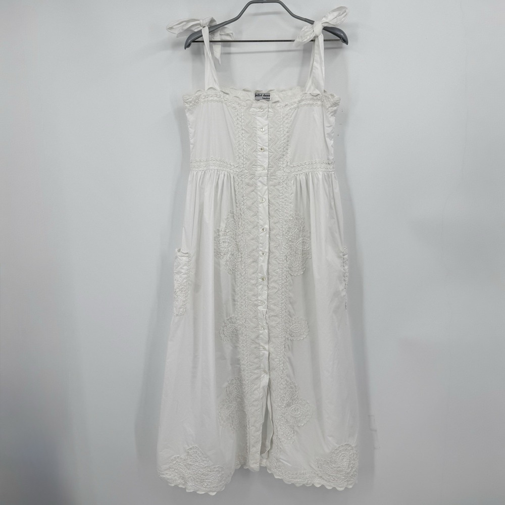 Juliet Dunn White Square Neck Tie Shoulder Midi Dress 2/M Ric Rac Trim